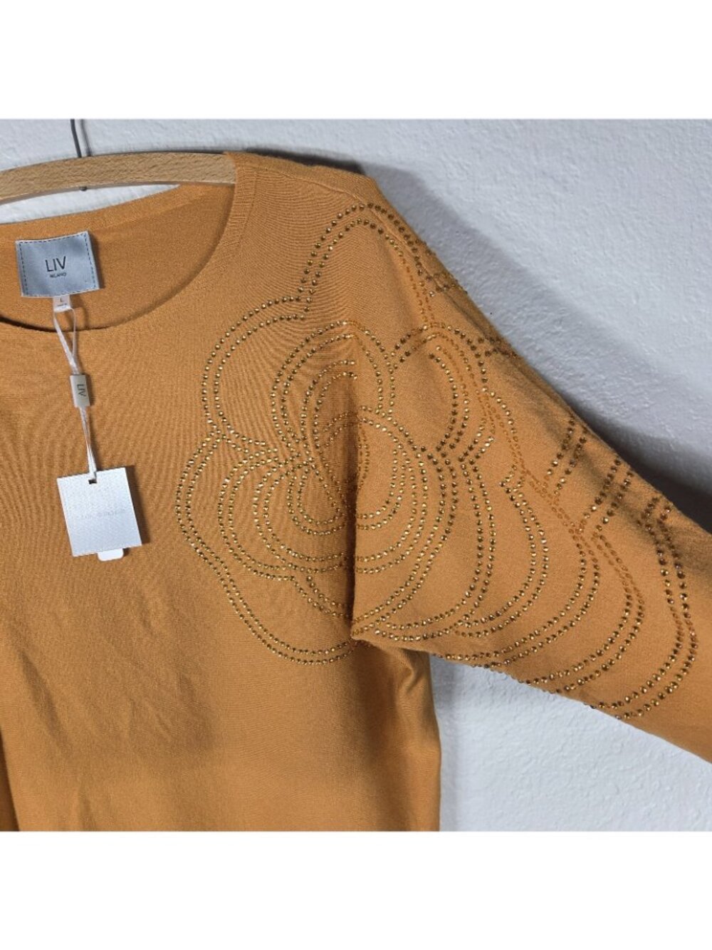 Liv Milano Mustard Yellow Embellished Pullover Dolman Sleeve Sweater Size L - Picture 7 of 16